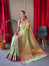 Pure Cotton Rose Gold zari jaal woven saree - Light Green