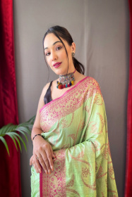 Pure Cotton Rose Gold zari jaal woven saree - Light Green