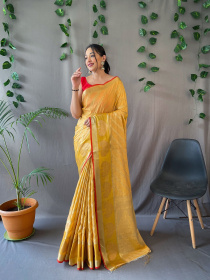Pure Cotton Gold zari Lehariya woven saree - Yellow