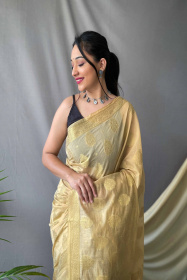 Gold zari woven Pure Cotton  saree - Ivory