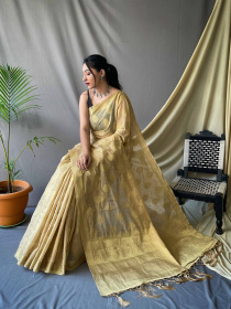 Gold zari woven Pure Cotton  saree - Ivory