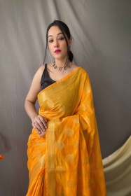 Gold zari woven Pure Cotton  saree - Yellow