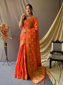 Gold zari woven Pure Cotton  saree - Red