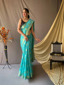 Gold zari woven Pure Cotton  saree - turquoise blue