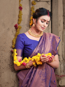 Pure Kanjeevaram Silk Gold zari woven Saree - Violet