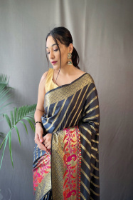 Gold zari lehariya woven Banarasi Soft silk saree - Black