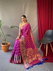 Gold zari lehariya woven Banarasi Soft silk saree - Violet