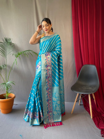 Gold zari lehariya woven Banarasi Soft silk saree - Blue