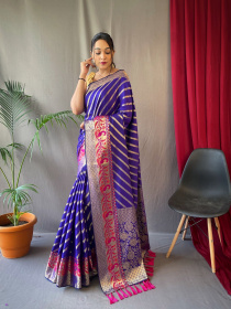 Gold zari lehariya woven Banarasi Soft silk saree - Purple
