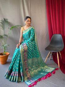 Gold zari lehariya woven Banarasi Soft silk saree - turquoise blue
