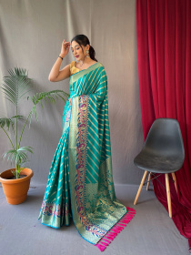 Gold zari lehariya woven Banarasi Soft silk saree - turquoise blue