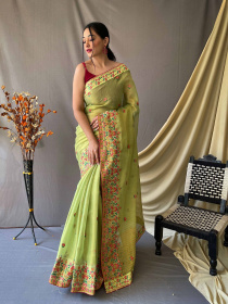 Pure Tissue Silk Saree with Kashmiri Embroidery Work - Light Green