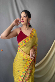 Pure Tissue Silk Saree with Kashmiri Embroidery Work - Yellow