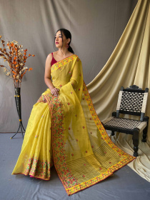 Pure Tissue Silk Saree with Kashmiri Embroidery Work - Yellow