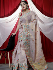 Pure Tissue Silk Saree with Kashmiri Embroidery Work - Peach