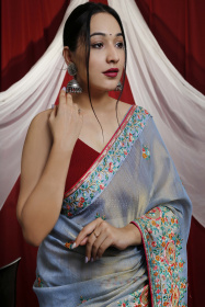 Pure Tissue Silk Saree with Kashmiri Embroidery Work - Blue
