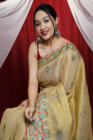Pure Tissue Silk Saree with Kashmiri Embroidery Work - Dark Yellow