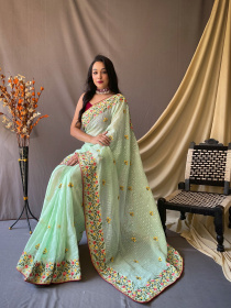Pure Georgette Sequence and embroidery  worked saree - Green
