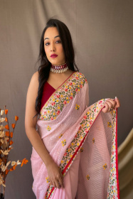 Pure Georgette Sequence and embroidery  worked saree - Pink