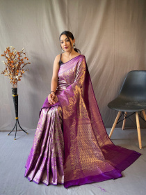 Gold zari Jaal woven Pure kanjeevaram silk Saree - Purple