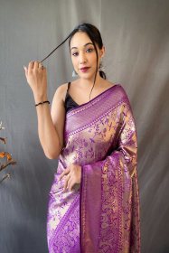 Gold zari Jaal woven Pure kanjeevaram silk Saree - Purple