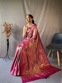 Gold zari Jaal woven Pure kanjeevaram silk Saree - Pink
