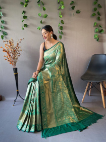 Gold zari Peacock woven Pure kanjeevaram silk Saree - Green