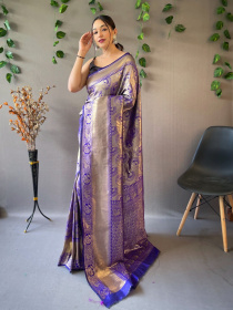Gold zari Peacock woven Pure kanjeevaram silk Saree - Violet
