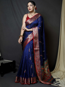 Paithani Silk Saree with zari woven contrast Border and Pallu - Blue