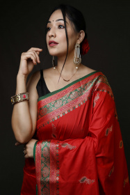 Paithani Silk Saree with zari woven contrast Border and Pallu - Red