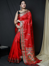 Paithani Silk Saree with zari woven contrast Border and Pallu - Red