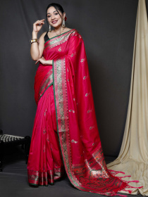 Paithani Silk Saree with zari woven contrast Border and Pallu - Pink