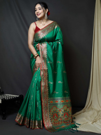 Paithani Silk Saree with zari woven contrast Border and Pallu - Green