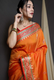 Paithani Silk Saree with zari woven contrast Border and Pallu - Orange