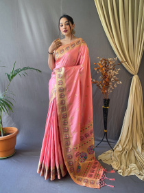 Paithani Silk saree with Meenakari woven Border & Pallu - Pink