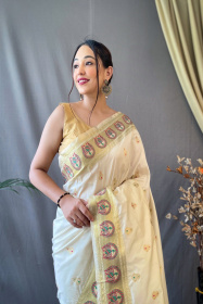 Paithani Silk saree with Meenakari woven Border & Pallu - Off white