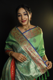 Dola Silk saree with Meenakari woven Border & Pallu - Olive Green