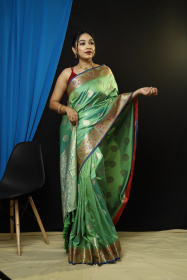 Dola Silk saree with Meenakari woven Border & Pallu - Olive Green