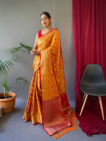 Patola Silk saree with gold Zari meenakari weave border Pallu - Yellow