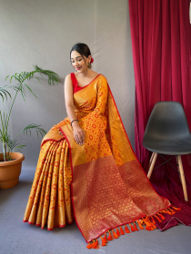 Patola Silk saree with gold Zari meenakari weave border Pallu - Yellow