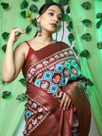 Ikkat Patola printed Pure Solf Silk woven saree - Blue, Brown