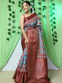 Ikkat Patola printed Pure Solf Silk woven saree - Blue, Brown