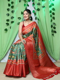 Ikkat Patola printed Pure Solf Silk woven saree - Green