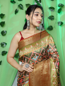 Ikkat Patola printed Pure Solf Silk woven saree - Mehandi, Gold