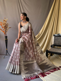 Patola Printed Pure Cotton Silk Temple woven saree - Brown