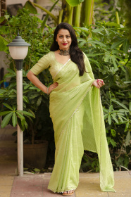 Soft Chiffon Saree with silver zari weaving & Temple Border - Green