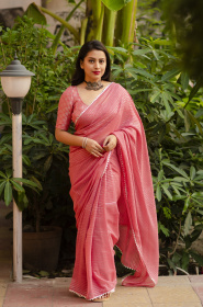 Soft Chiffon Saree with silver zari weaving & Temple Border - Pink
