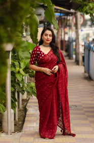 Pure linen Saree with mirror embroidery work - Red