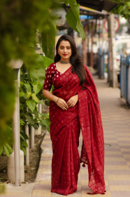 Pure linen Saree with mirror embroidery work - Red