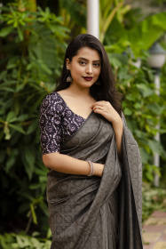 Soft silk self woven jacquard saree - Grey
